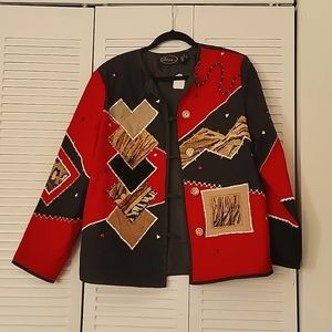 Vintage Cardigan, size Medium. Red, black, white. Alex Kim brand